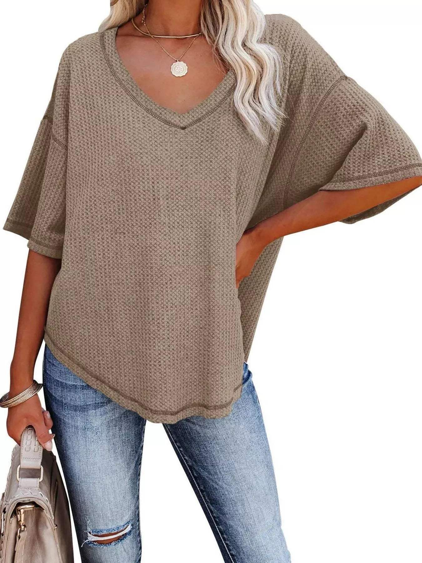Waffle Knit V-Neck Short Sleeve T-Shirt - Trendsi - Flyclothing LLC