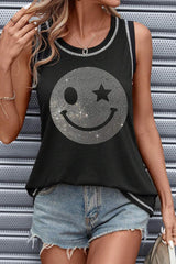 Rhinestone Smile Face Round Neck Tank - Trendsi - Flyclothing LLC