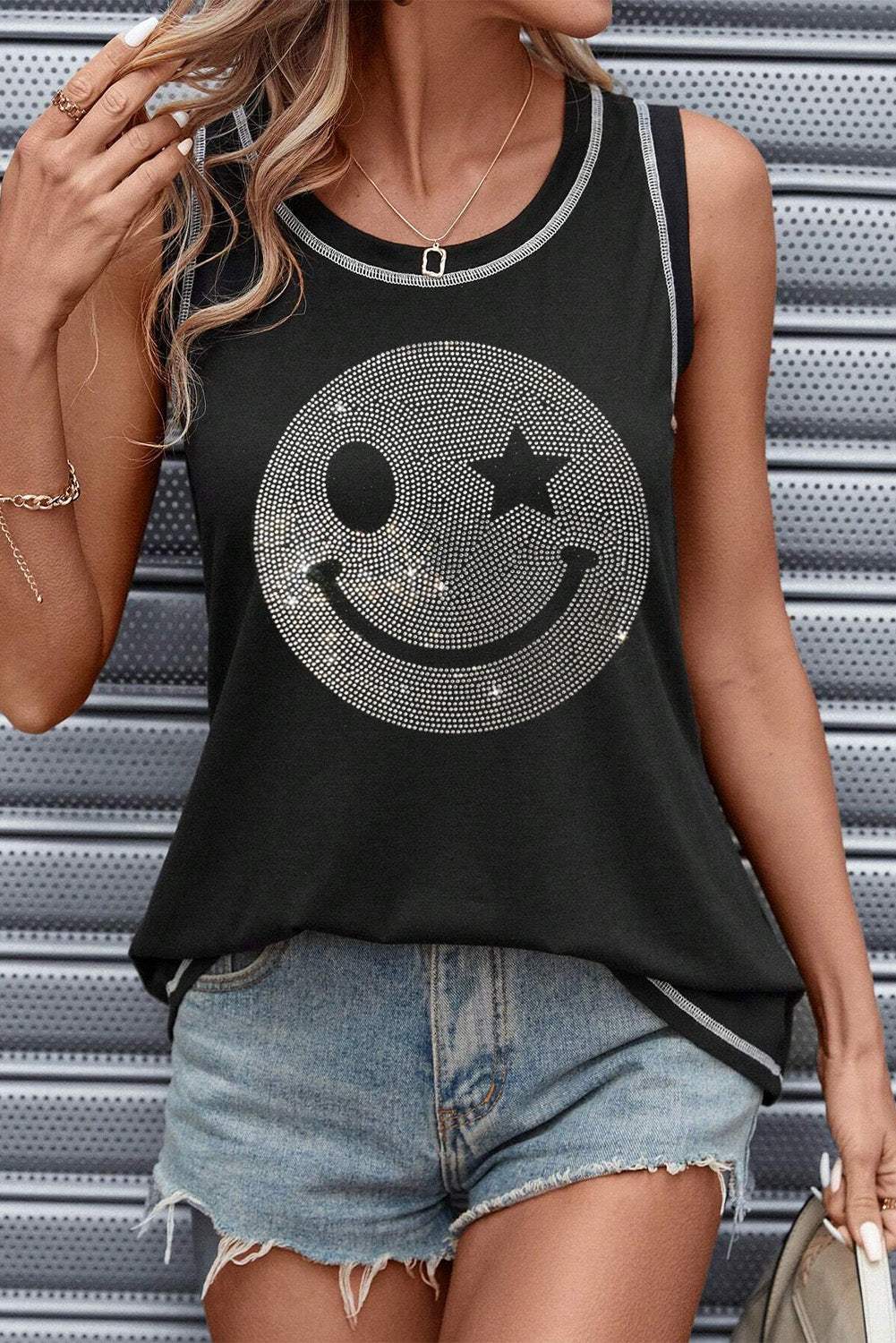 Rhinestone Smile Face Round Neck Tank - Trendsi - Flyclothing LLC