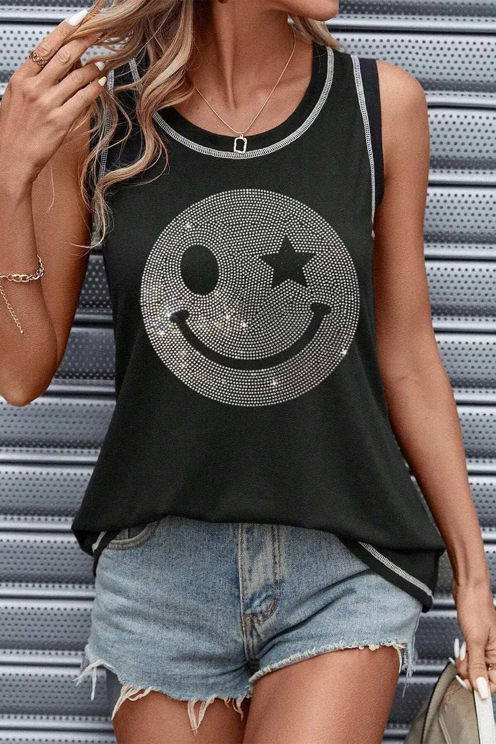 Rhinestone Smile Face Round Neck Tank - Trendsi - Flyclothing LLC