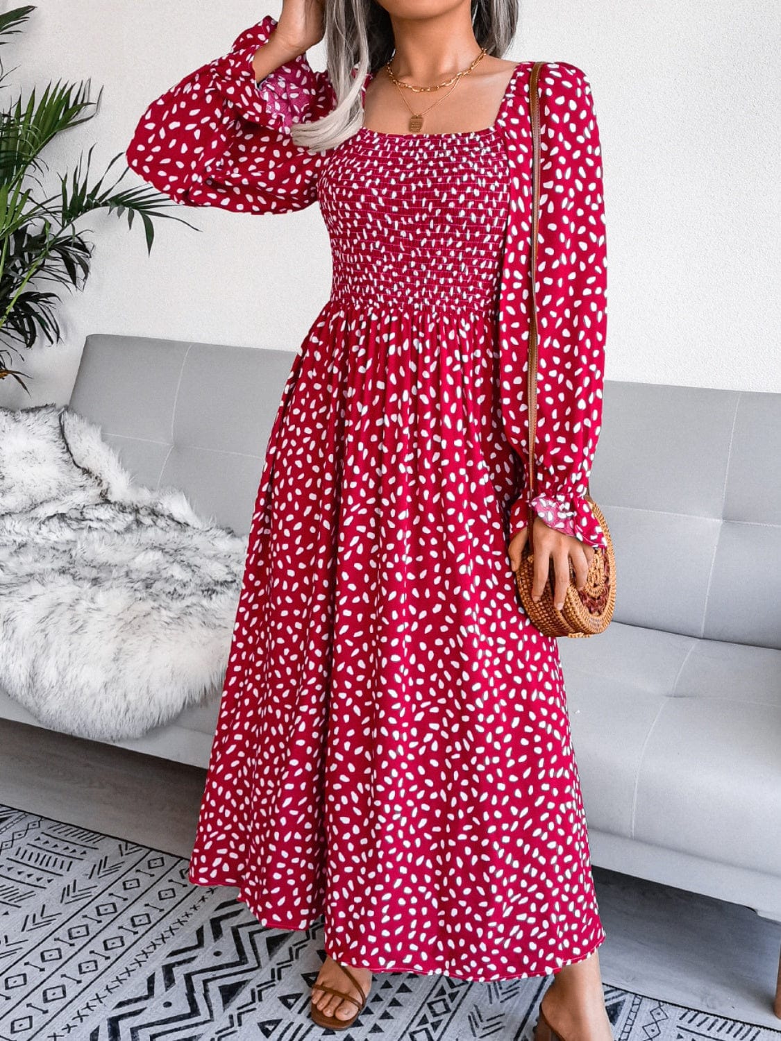 Smocked Square Neck Flounce Sleeve Dress - Flyclothing LLC