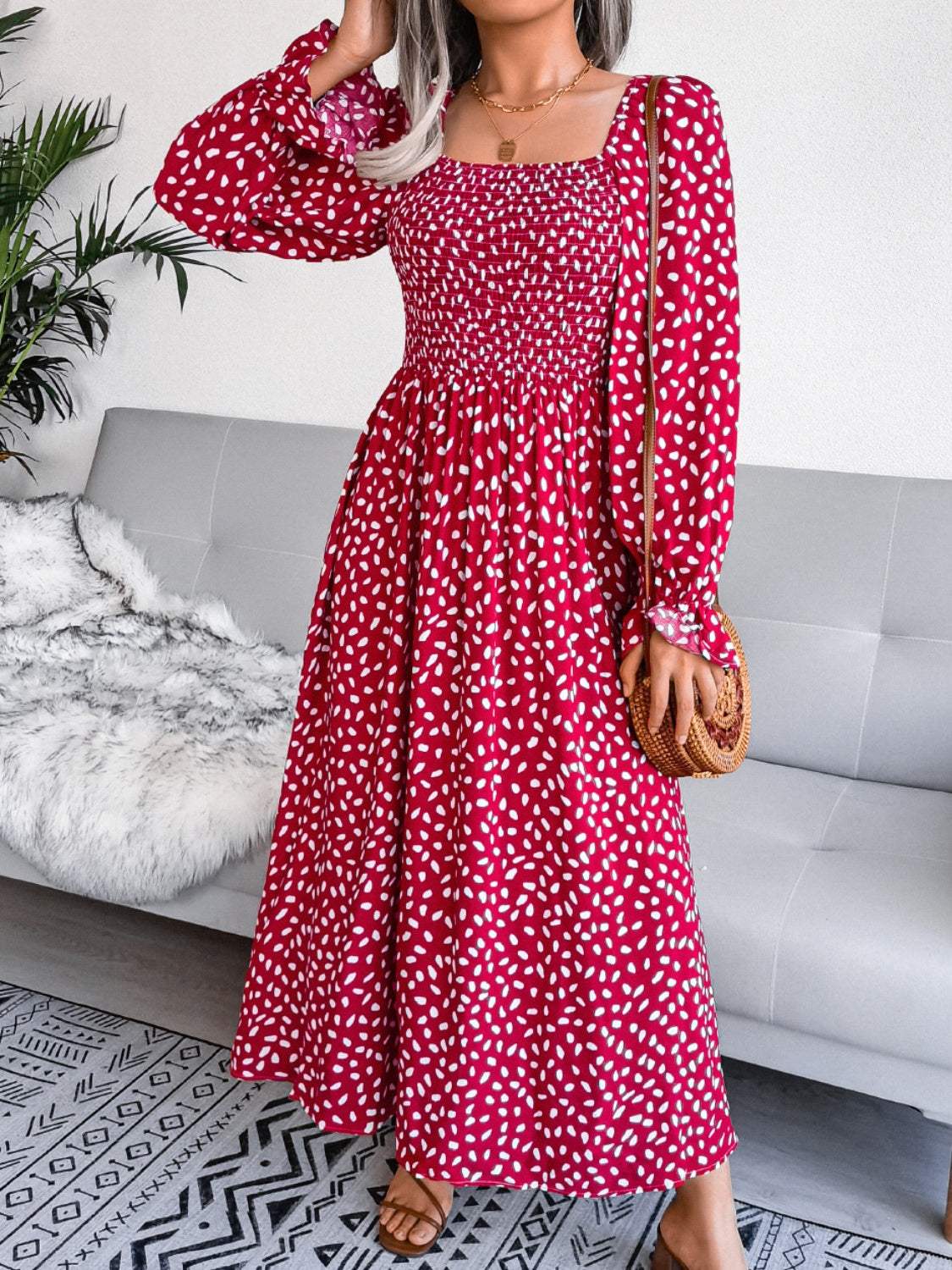 Smocked Square Neck Flounce Sleeve Dress - Trendsi - Flyclothing LLC