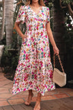 Floral Short Sleeve V Neck Dress with Pockets - Trendsi