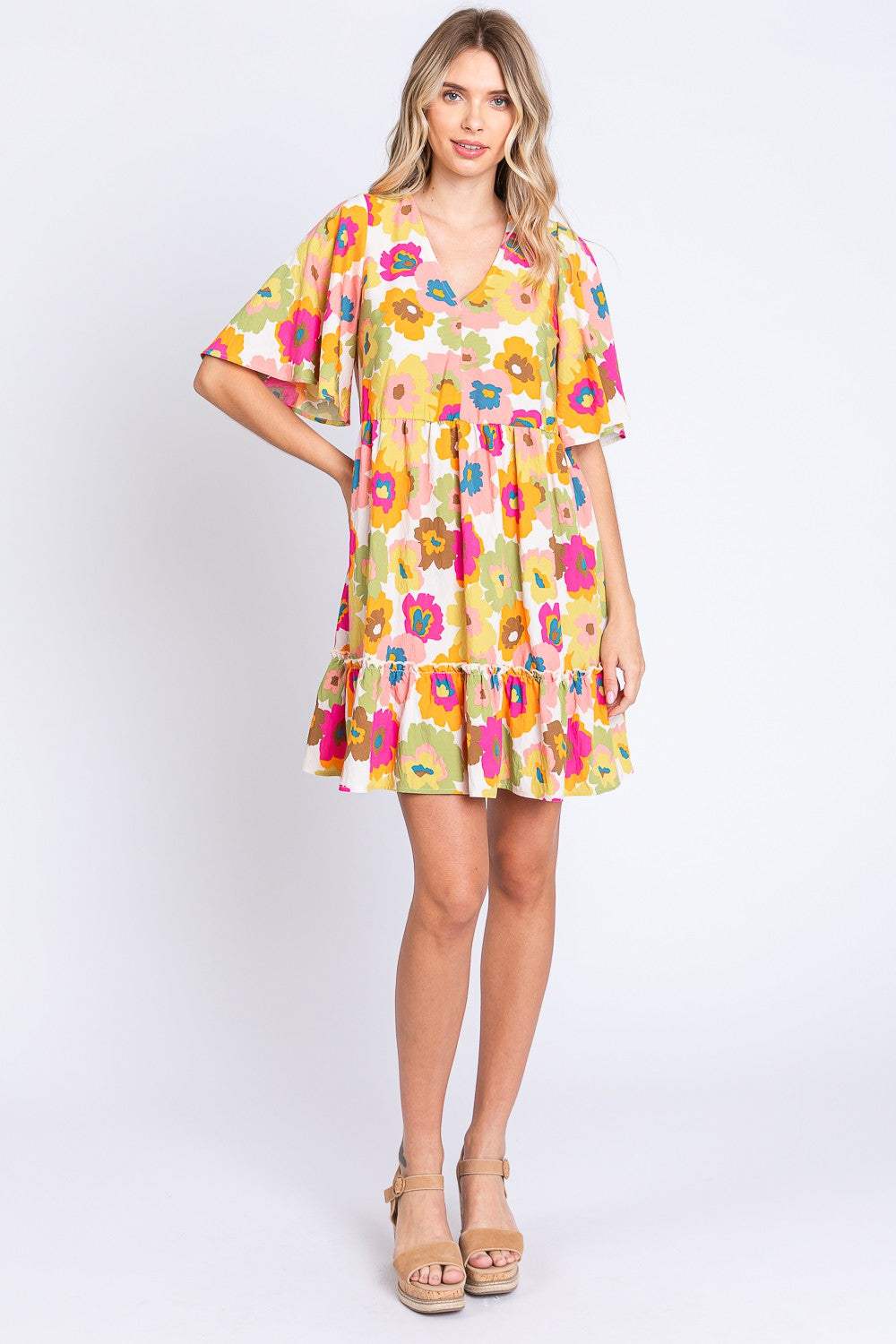 GeeGee Floral V-Neck Ruffle Hem Mini Dress - Trendsi - Flyclothing LLC