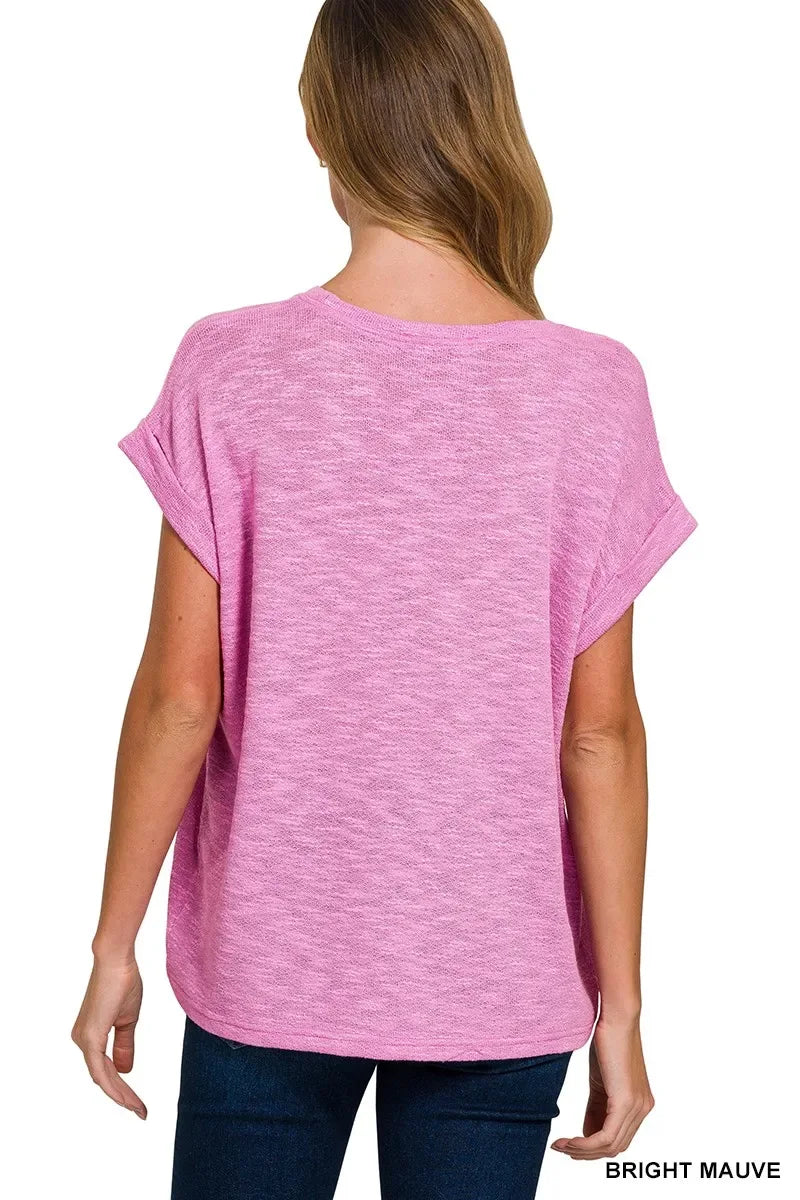 Zenana Hacci Slub Rolled Up Sleeve Tee - Trendsi - Flyclothing LLC