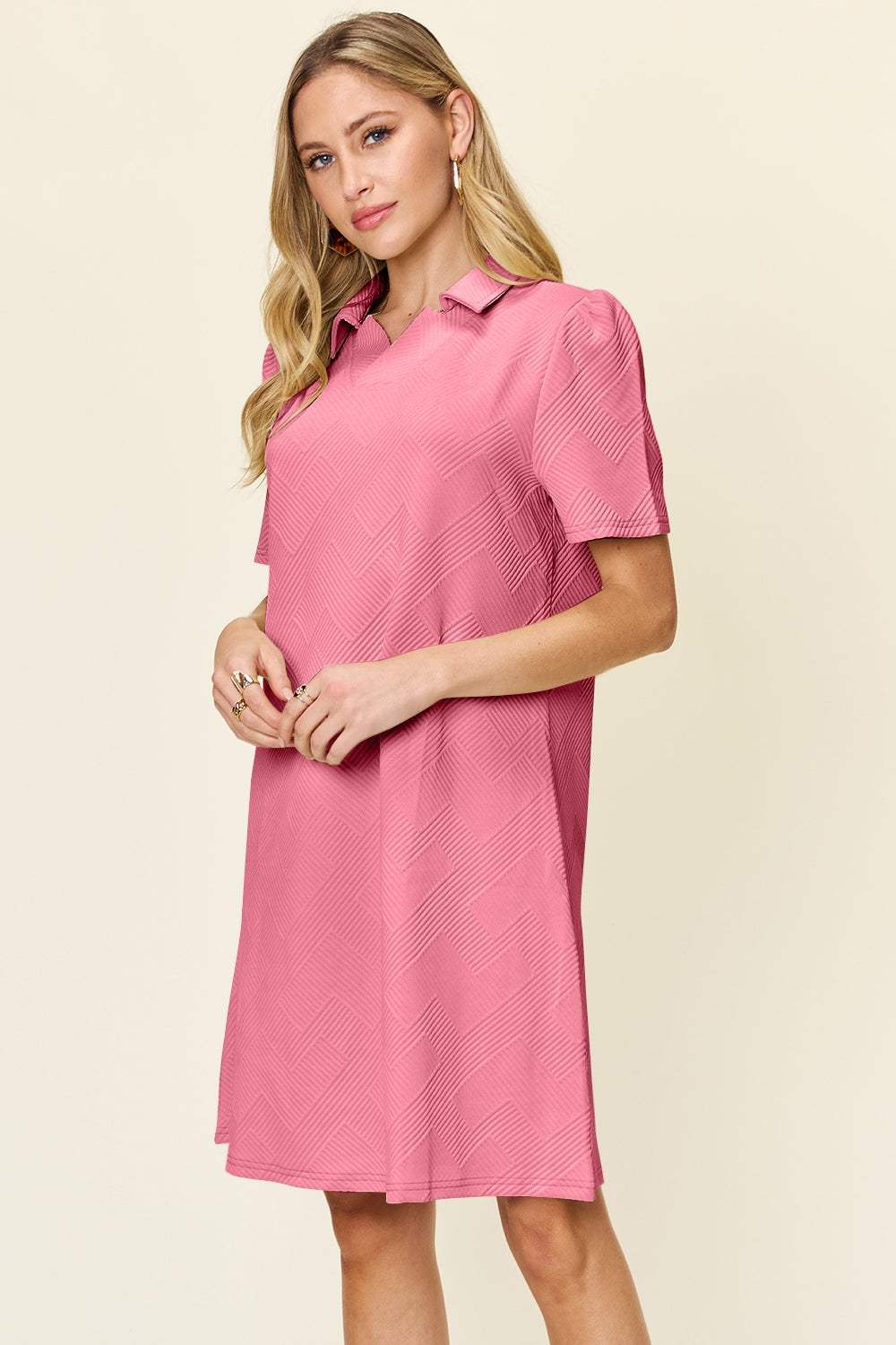 Double Take Full Size Texture Collared Neck Short Sleeve Dress - Trendsi - Flyclothing LLC