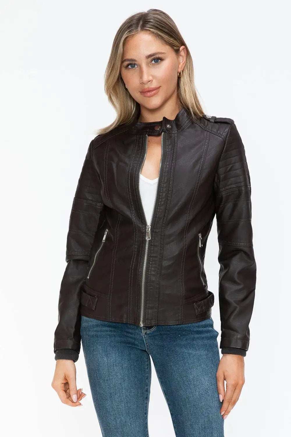 Snobbish PU Leather Biker Jacket with Side Zip Pockets - Trendsi - Flyclothing LLC