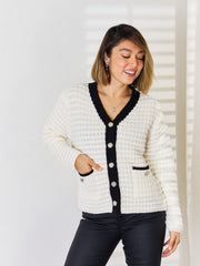 Contrast Trim Button Up Cardigan - Trendsi