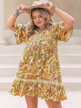 Plus Size Printed Tie Neck Short Sleeve Mini Dress - Trendsi - Flyclothing LLC
