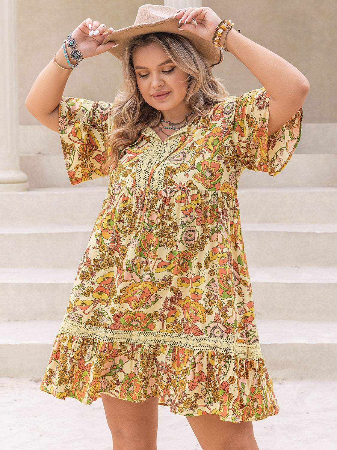 Plus Size Printed Tie Neck Short Sleeve Mini Dress - Trendsi - Flyclothing LLC