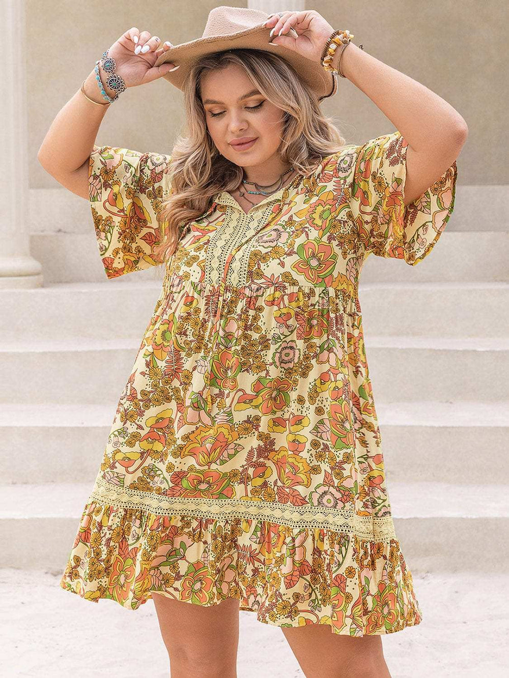 Plus Size Printed Tie Neck Short Sleeve Mini Dress - Trendsi - Flyclothing LLC