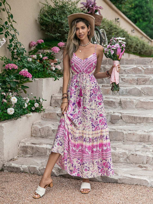 Tassel Printed V-Neck Maxi Dress - Trendsi - Flyclothing LLC