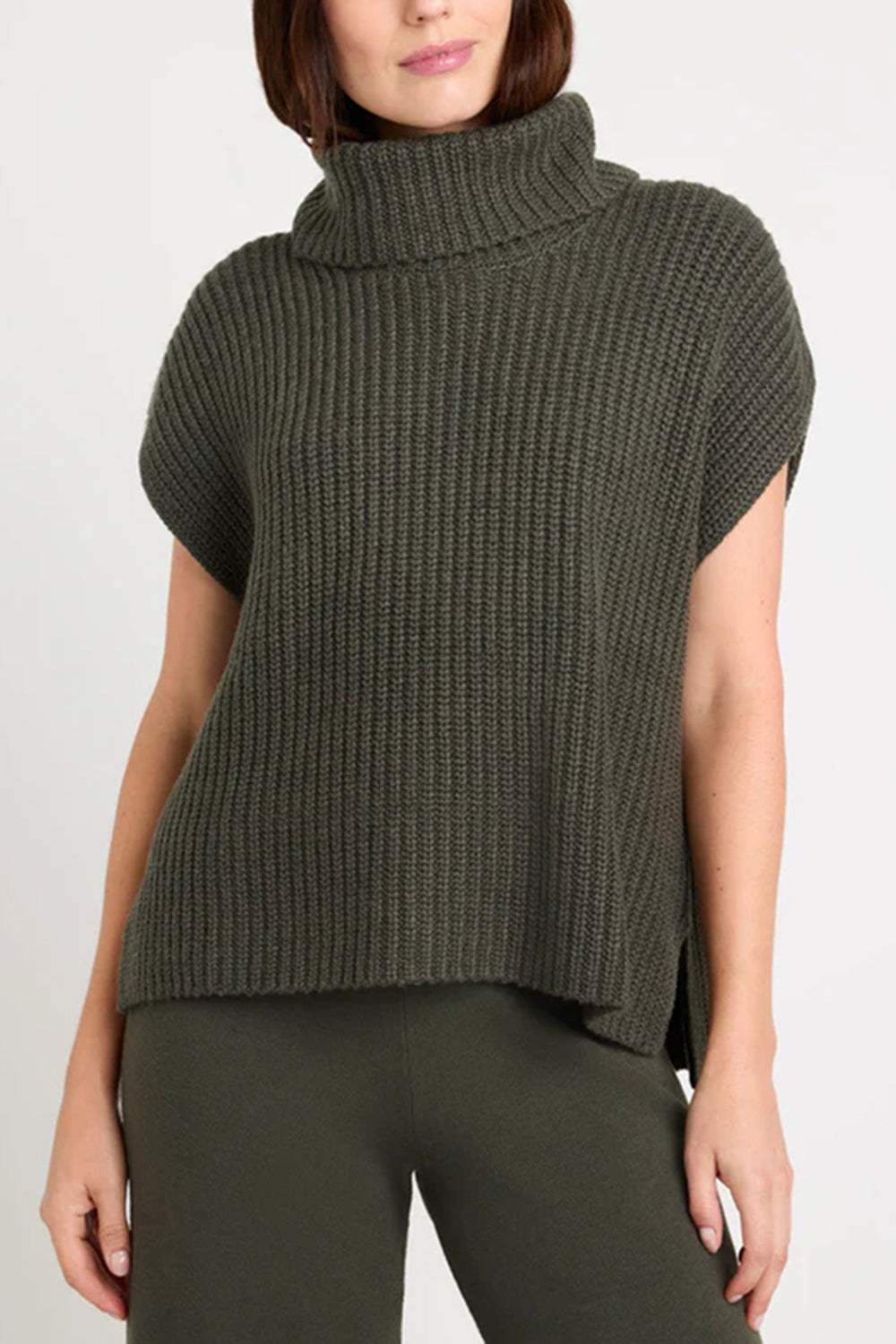 Slit Turtleneck Cap Sleeve Sweater - Trendsi - Flyclothing LLC