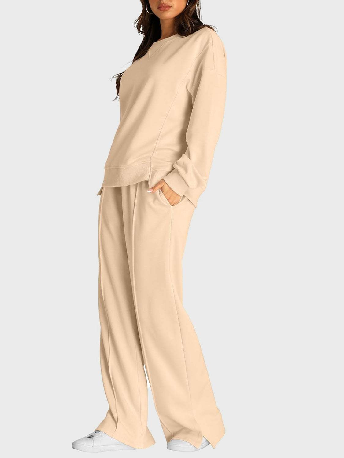 Round Neck Long Sleeve Top and Slit Pants Set - Trendsi - Flyclothing LLC
