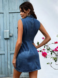 Pocketed Button Up Sleeveless Denim Dress - Trendsi