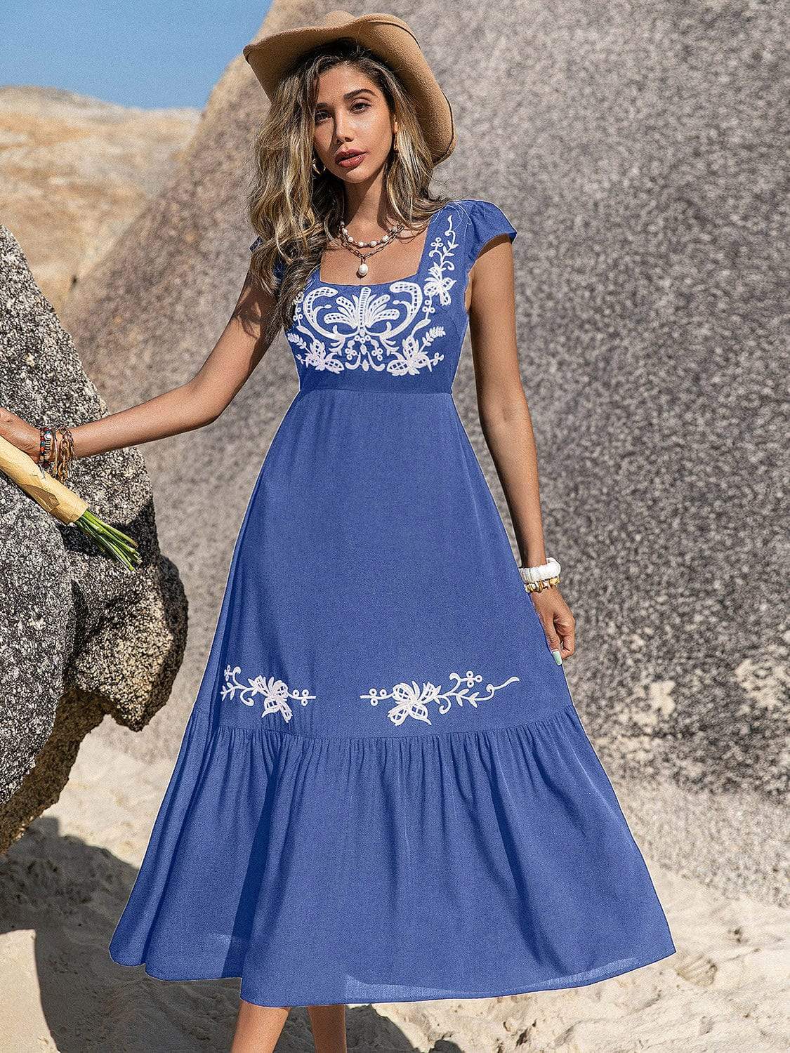 Embroidered Square Neck Cap Sleeve Dress - Trendsi - Flyclothing LLC