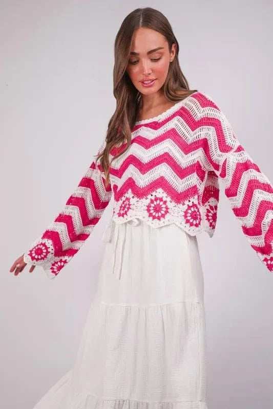 VERY J Chevron/Floral Pattern Crochet Knit Top - Trendsi - Flyclothing LLC