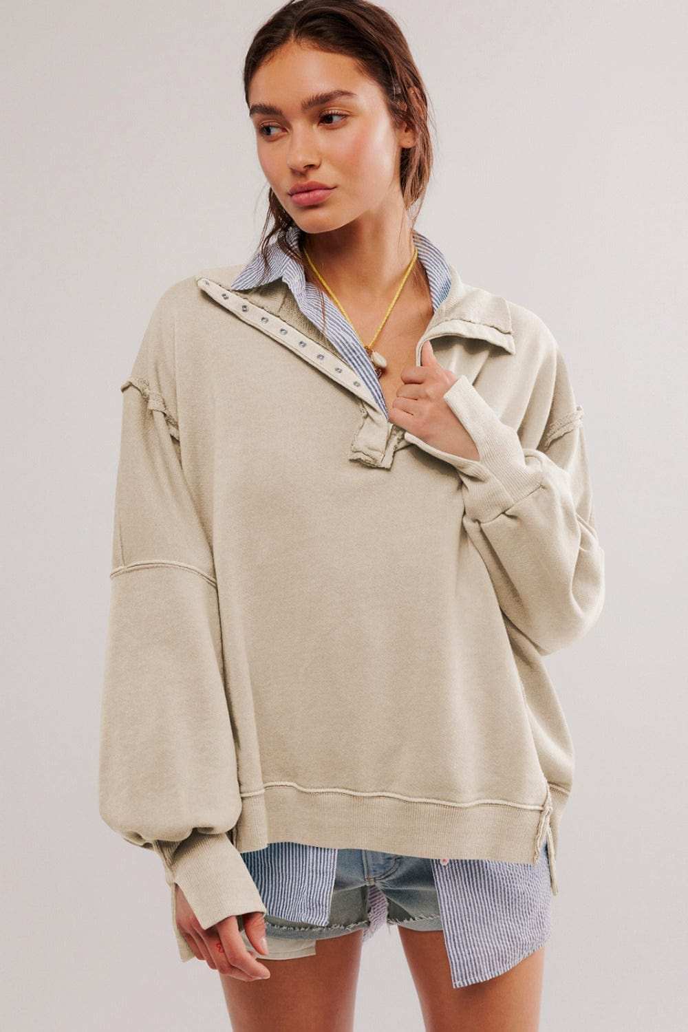 Exposed Seam Side Slit Long Sleeve Sweatshirt - Trendsi - Flyclothing LLC