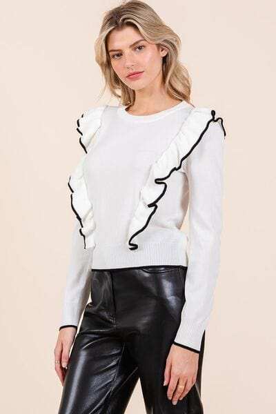 Mittoshop Contrast Trim Ruffled Round Neck Knit Top - Trendsi - Flyclothing LLC