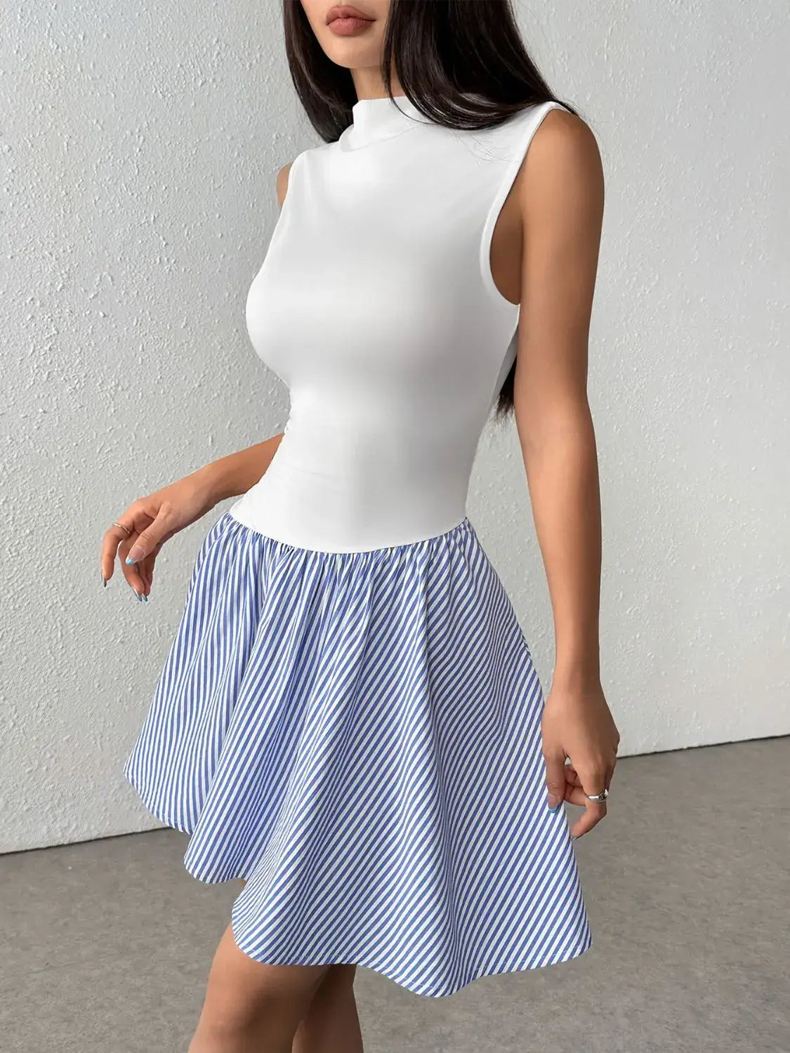 Striped Mock Neck Sleeveless Mini Tank Dress - Trendsi - Flyclothing LLC