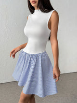 Striped Mock Neck Sleeveless Mini Tank Dress - Trendsi - Flyclothing LLC