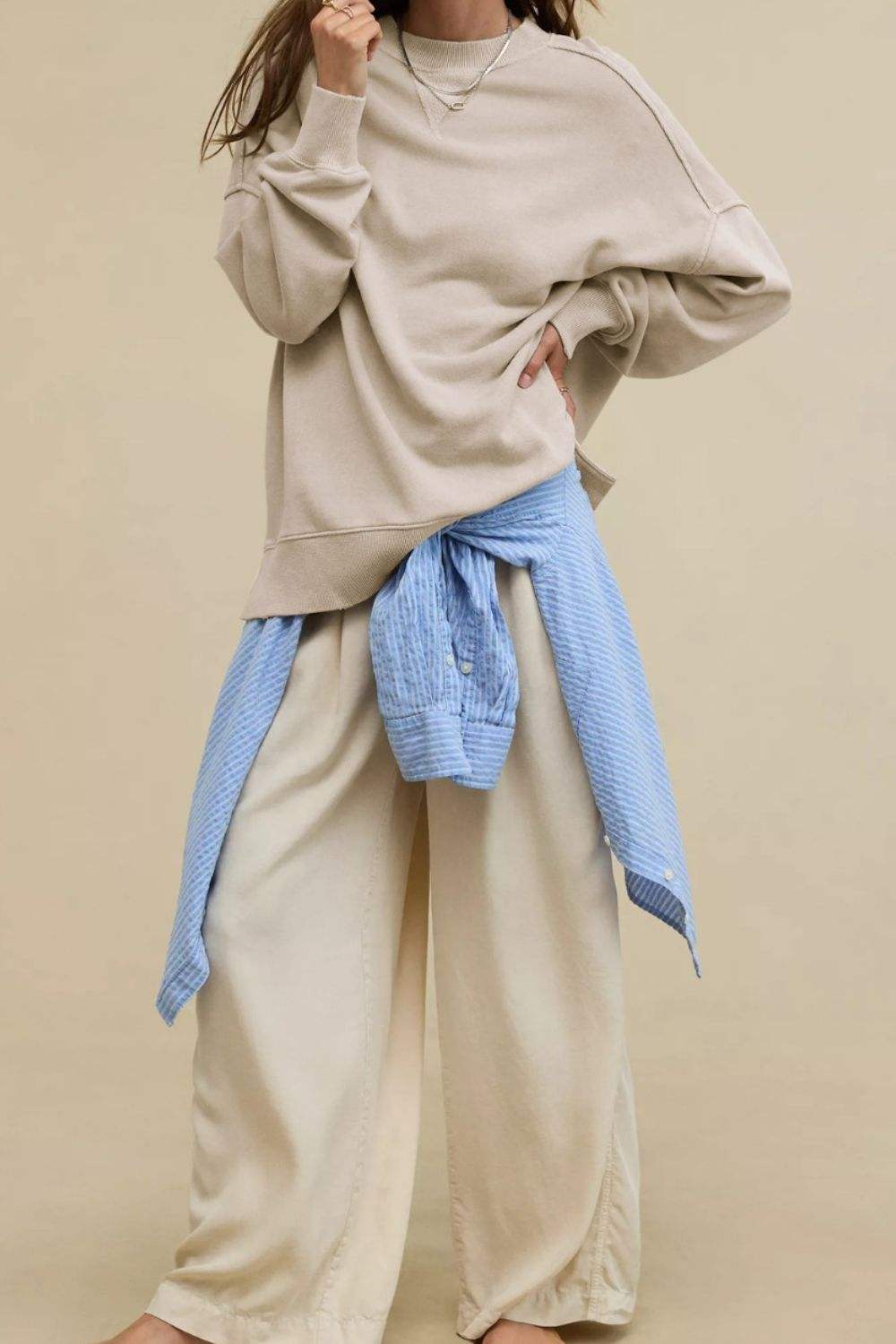 Side Slit Round Neck Long Sleeve Sweatshirt - Trendsi - Flyclothing LLC