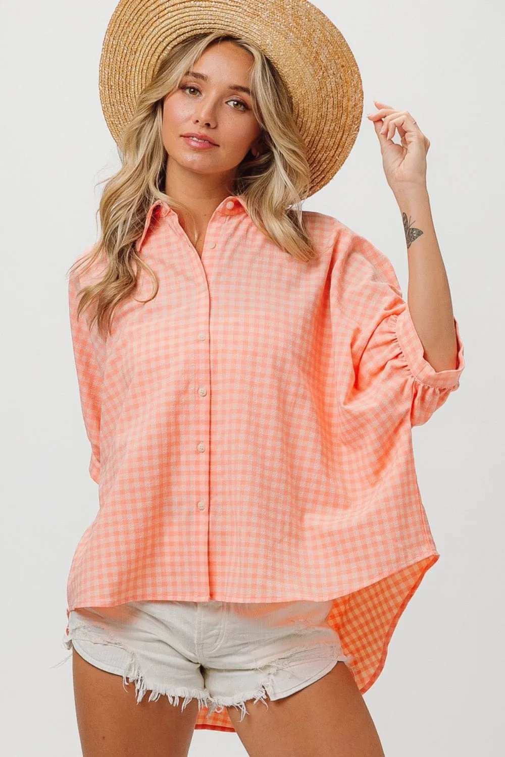 BiBi Plaid Button Up Dolman Sleeve Shirt - Trendsi - Flyclothing LLC