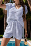Openwork Short Sleeve Top and Shorts Cover Up Set - Trendsi