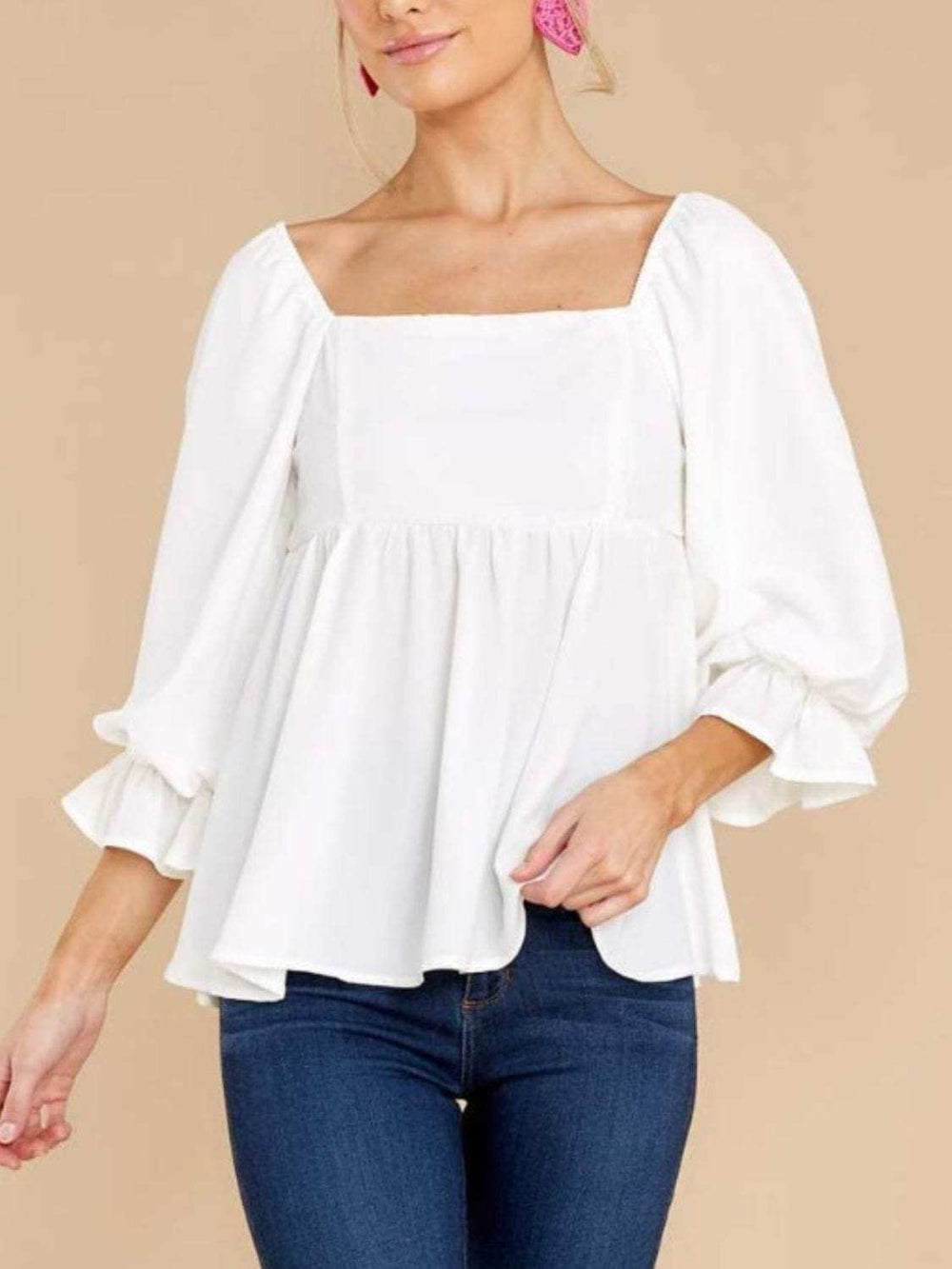 Smocked Square Neck Flounce Sleeve Blouse - Trendsi - Flyclothing LLC