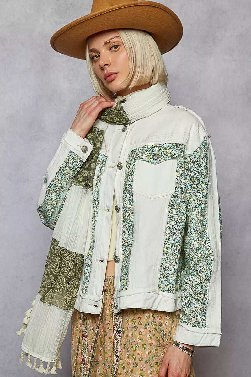 POL Button Down Patchwork Denim Jacket with Floral Print Details - Trendsi - Flyclothing LLC