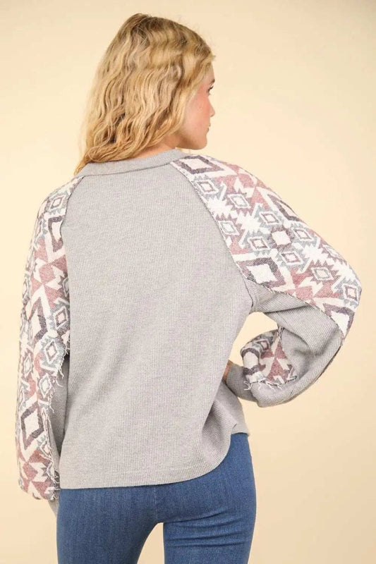 VERY J Printed Long Sleeve Round Neck Knit Top - Trendsi - Flyclothing LLC