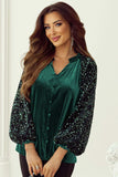 Sequin Notched Long Sleeve Blouse - Trendsi - Flyclothing LLC