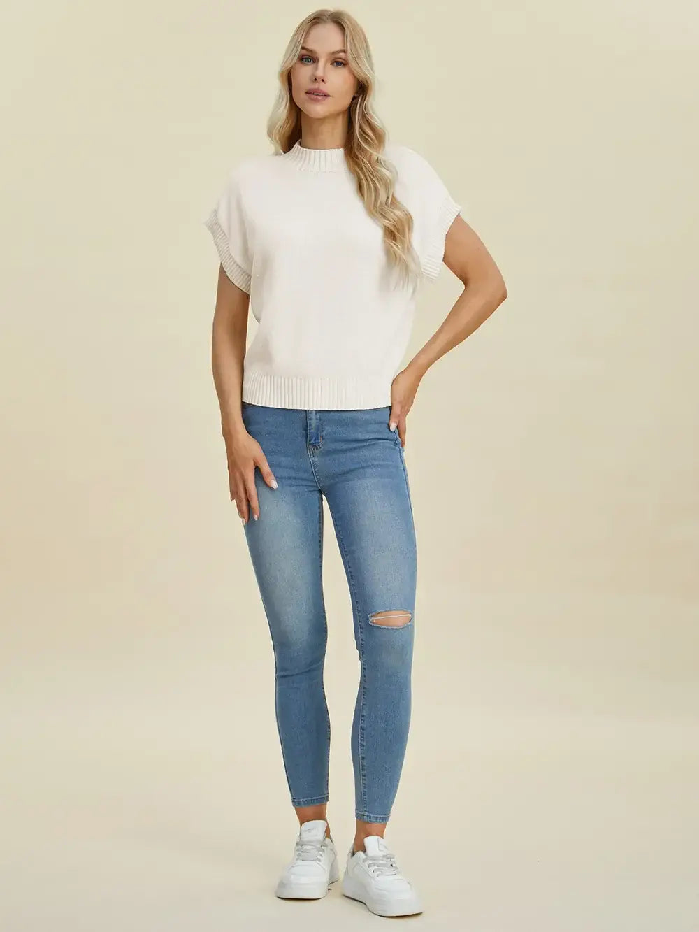 Double Take Full Size Mock Neck Short Sleeve Sweater - Trendsi - Flyclothing LLC