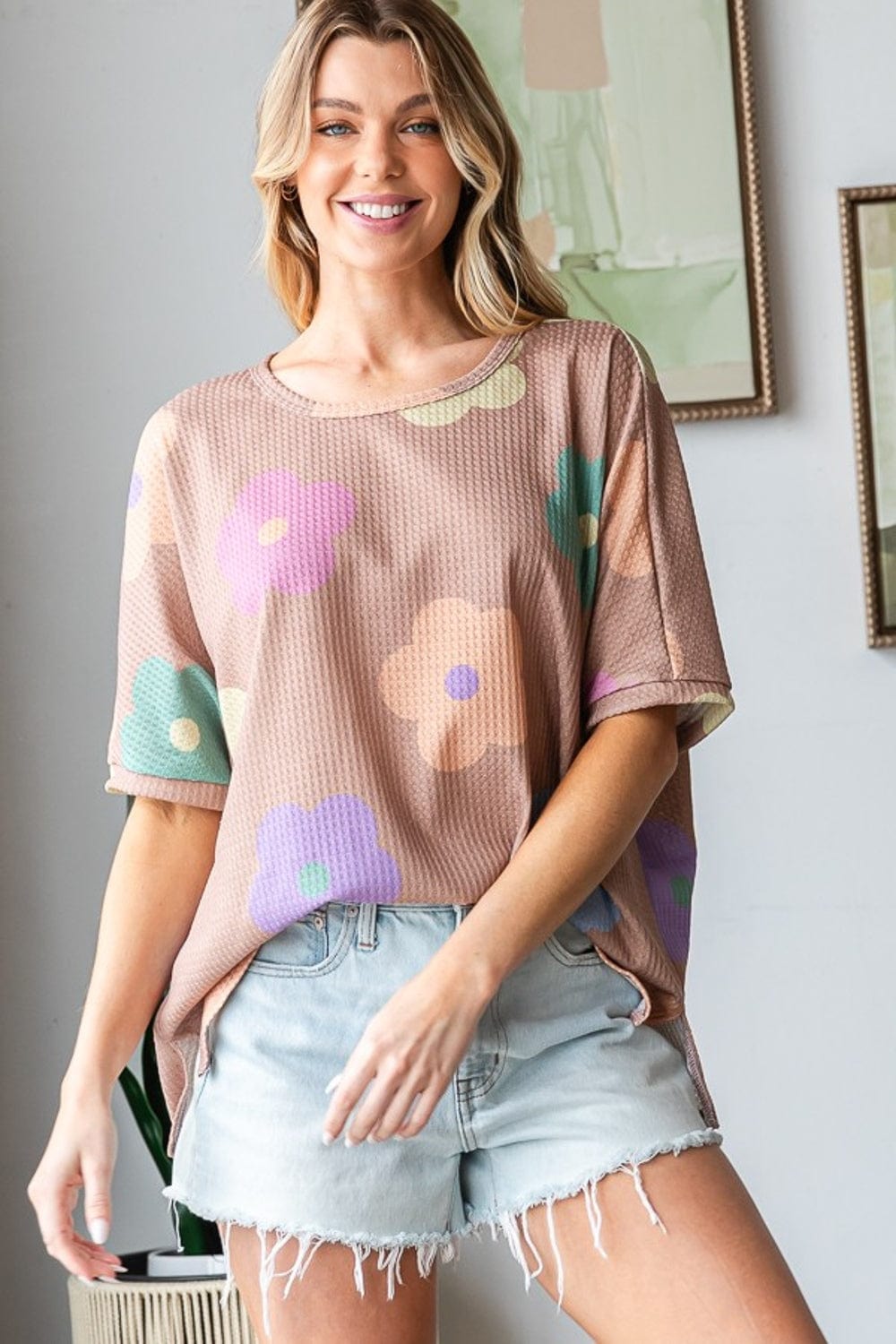 HOPELY Full Size Floral Round Neck Side Slit Waffle T-Shirt - Trendsi