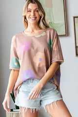 HOPELY Full Size Floral Round Neck Side Slit Waffle T-Shirt - Trendsi