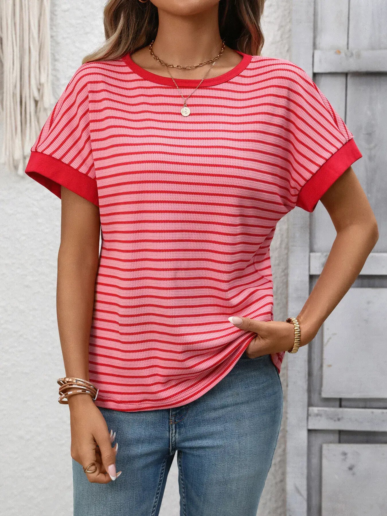Striped Ribbed Knit Short Sleeve T-Shirt - Trendsi - Flyclothing LLC