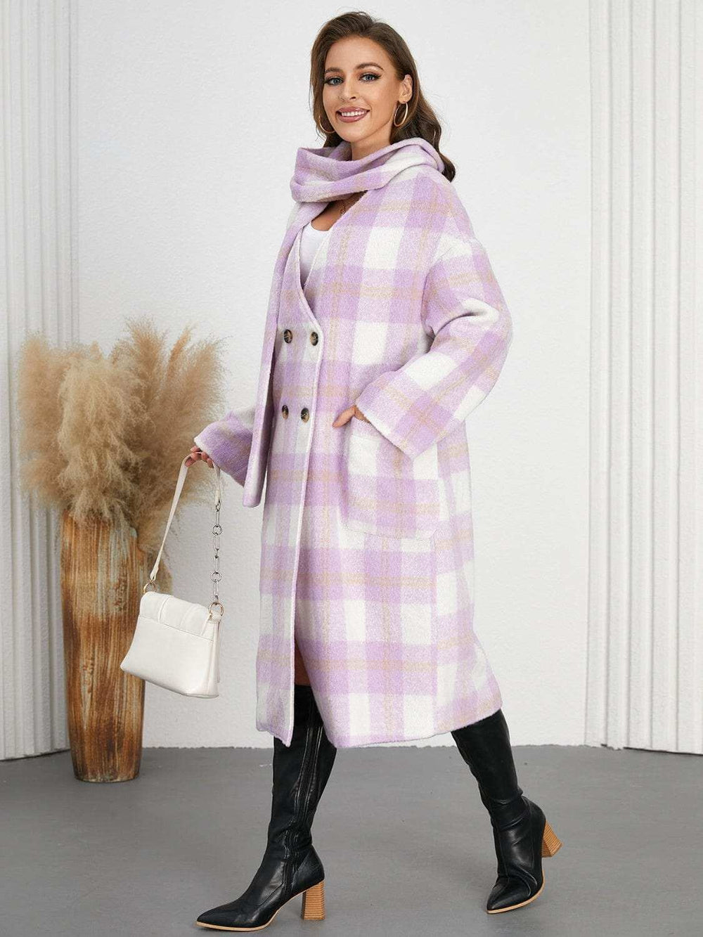 Plaid Button Up Long Sleeve Coat - Trendsi - Flyclothing LLC