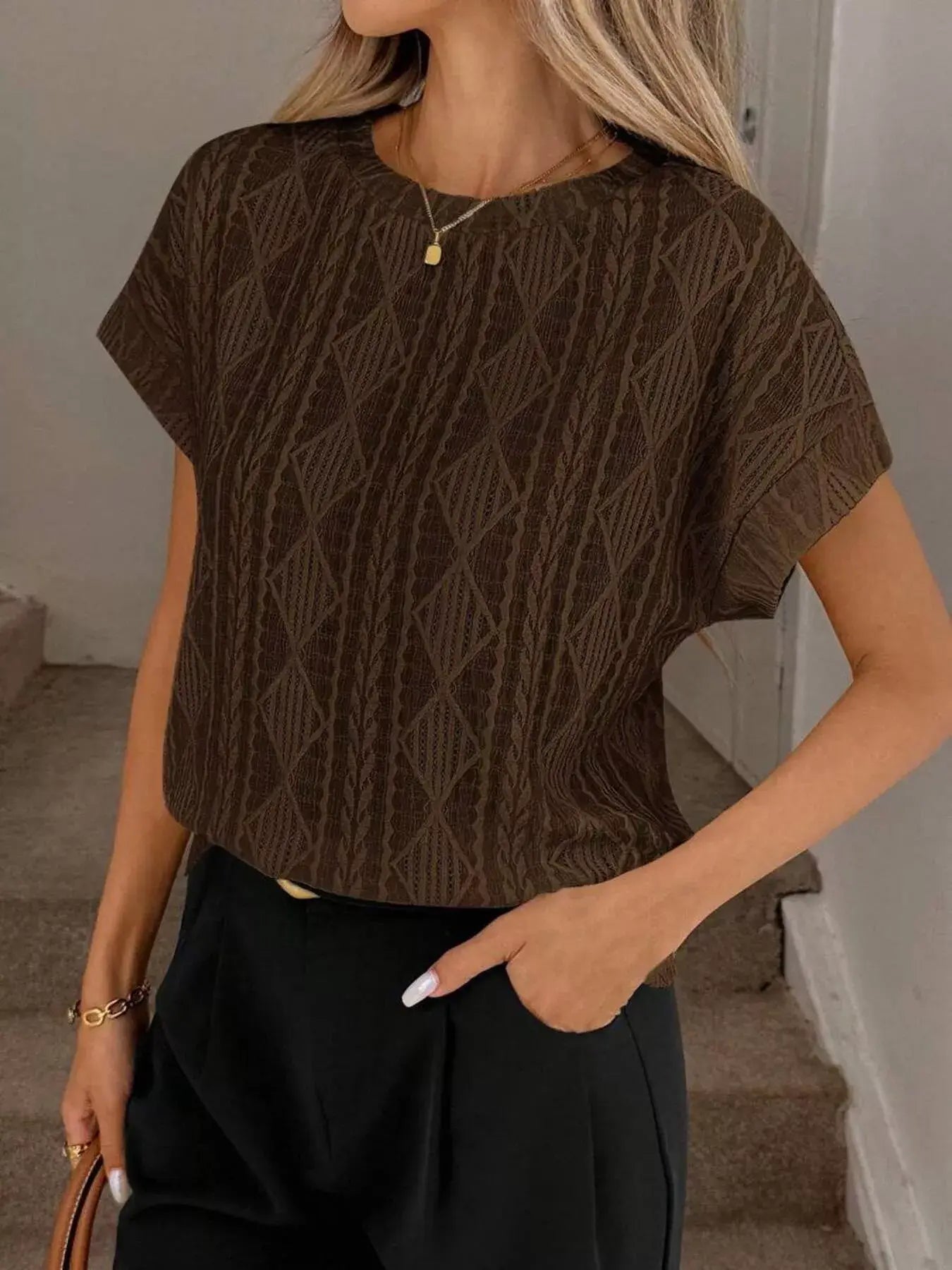 Diamond Pattern Round Neck Top - Trendsi - Flyclothing LLC