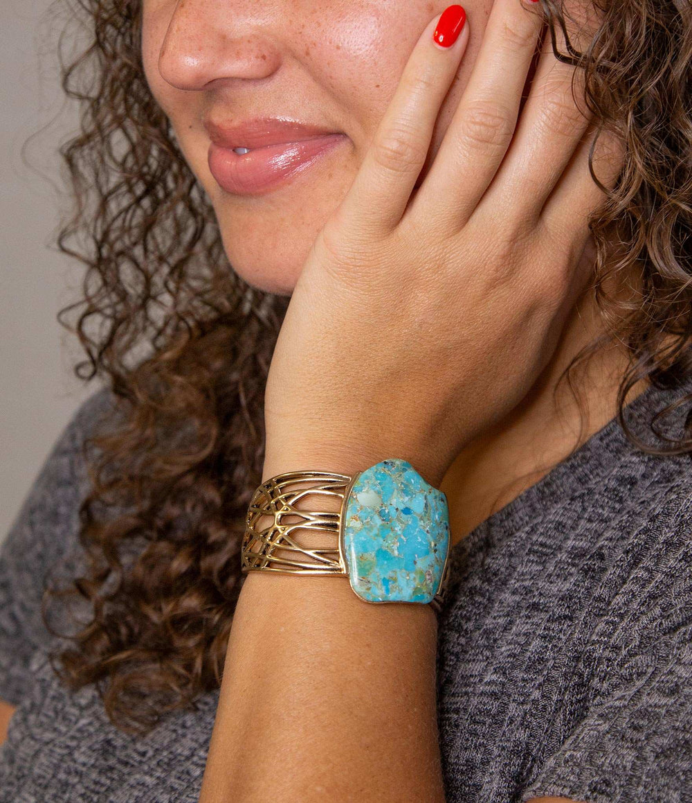 Abstract Blue Turquoise Golden Statement Cuff - Barse Jewelry - Flyclothing LLC