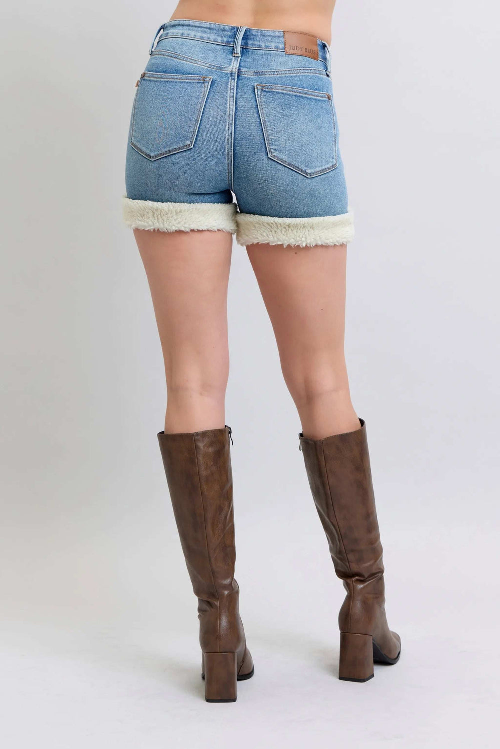 Judy Blue Full Size Hw Tummy Control Shearling Cuff Denim Shorts Plus Size - Trendsi - Flyclothing LLC