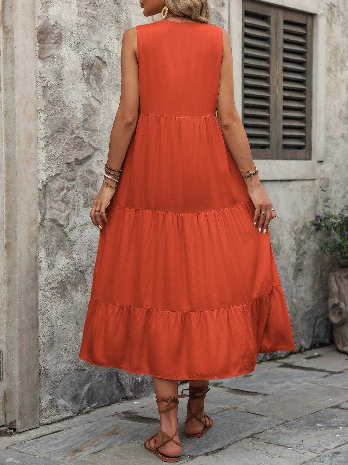 Decorative Button Notched Sleeveless Dress - Trendsi - Flyclothing LLC