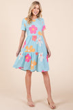 BOMBOM Floral Round Neck Short Sleeve Tiered Dress - Trendsi