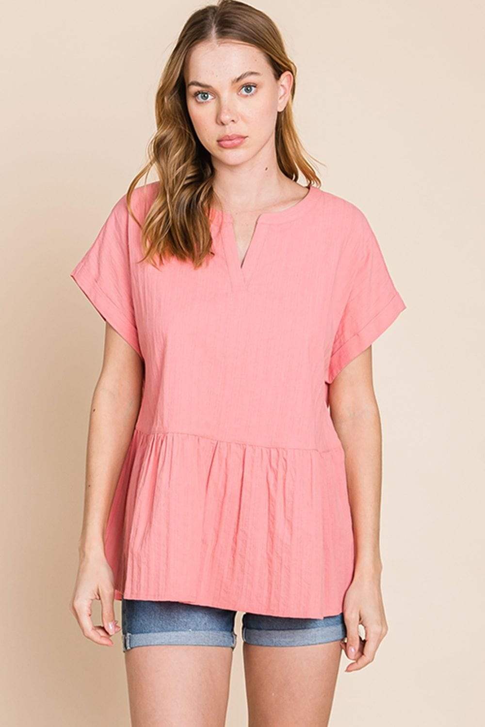 Cotton Bleu by Nu Label Notched Short Sleeve Peplum Top - Trendsi - Flyclothing LLC