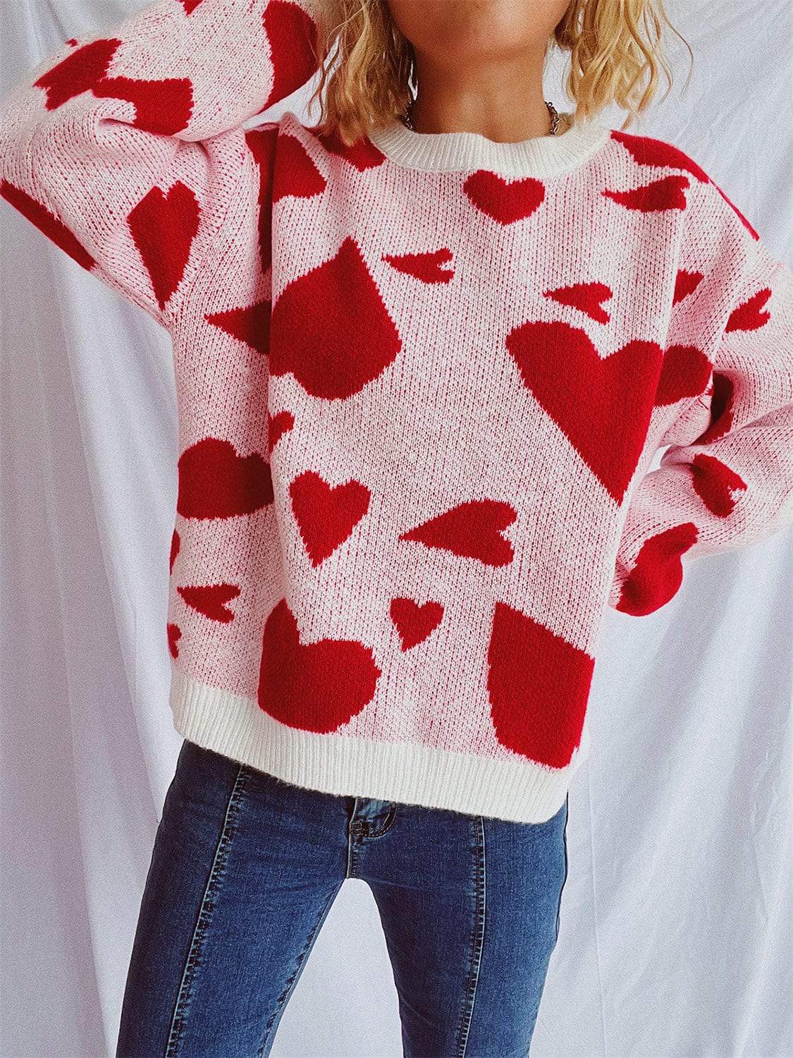Heart Round Neck Long Sleeve Sweater - Trendsi - Flyclothing LLC