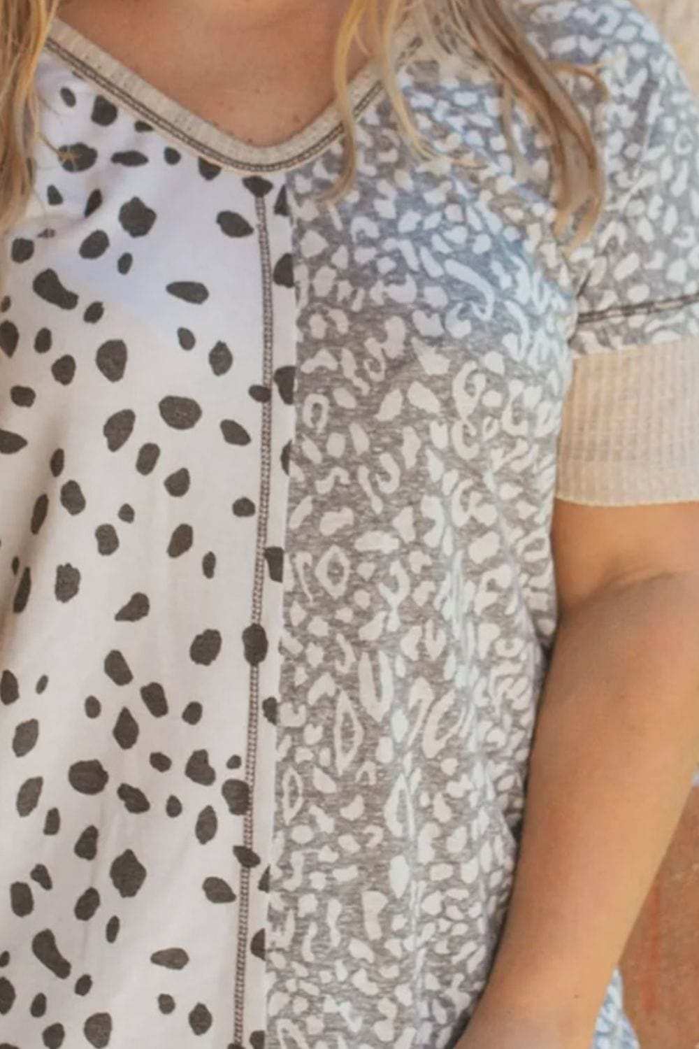 Plus Size Leopard V-Neck Short Sleeve T-Shirt - Trendsi - Flyclothing LLC