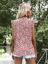 Ruffled Floral Mock Neck Cap Sleeve Blouse - Trendsi - Flyclothing LLC