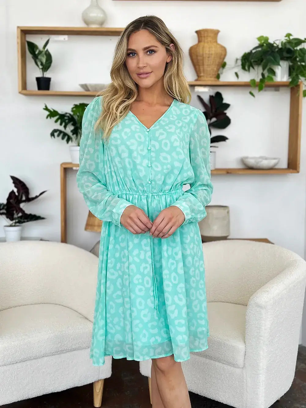 Double Take Full Size Printed Ruched V-Neck Long Sleeve Dress - Trendsi - Flyclothing LLC