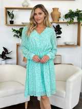 Double Take Full Size Printed Ruched V-Neck Long Sleeve Dress - Trendsi - Flyclothing LLC