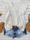 Polka Dot Notched Ruffled Cap Sleeve Blouse - Trendsi