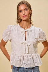 SO ME Cotton Eyelet Front Tie Short Sleeves Blouse - Trendsi - Flyclothing LLC